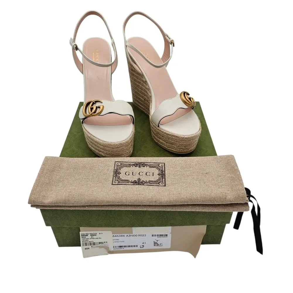 Gucci GG Marmont Aitana Platform Wedge Sandal White Leather Gold Size 41 US 11